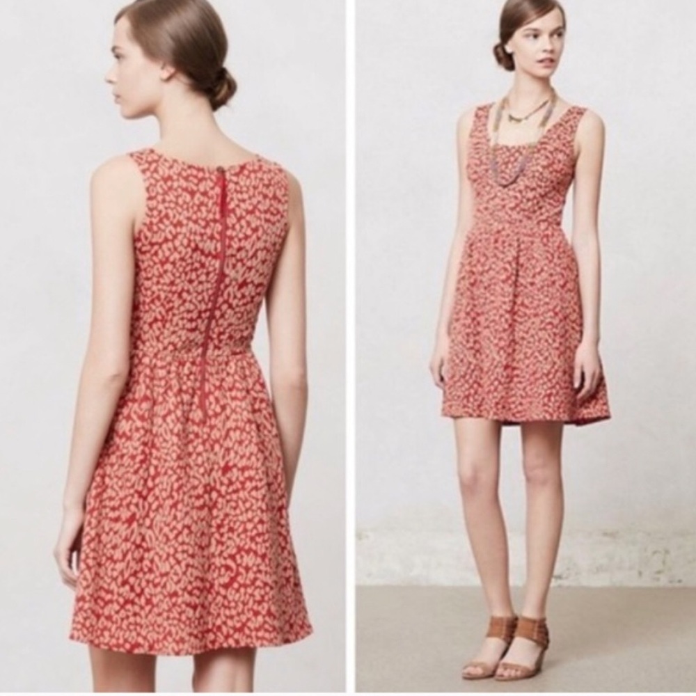 Anthropologie Maeve Red Caldera Leopard Print Fit & Flare Dress.  Size XS